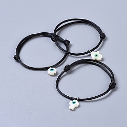 Noir Ensembles réglables de bracelet de corde en nylon, avec des perles de coquille d'eau douce, hamsa main & mauvais oeil & croix, noir, 1-3/4 pouces ~ 3-3/8 pouces (4.5~8.5 cm), 3 pièces / kit
