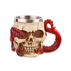 Red Halloween 304 Stainless Steel 3D Skull Mug, Resin Octopus Tentacles Skeleton Beer Cup, for Home Decorations Birthday Gift, Red, 142x78x110mm, Capacity: 430ml