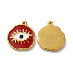 Red Ion Plating(IP) 304 Stainless Steel Charms, with Enamel, Flat Round with Evil Eye, Real 18K Gold Plated, Red, 21x18.5x2.5mm, Hole: 1.4mm