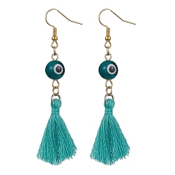 Turquoise Evil Eye Lampwork & Tassel Earrings, Golden Iron Long Dangle Earrings, Turquoise, 70~72x17~22mm