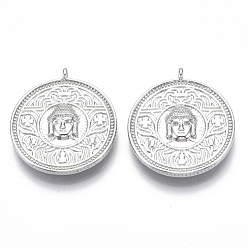Real Platinum Plated Brass Pendants, Flat Round with Buddha, Nickel Free, Real Platinum Plated, 28x25x4mm, Hole: 1.8mm