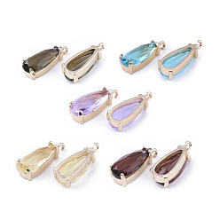 Mixed Color Transparent Glass Pendants, with Brass Findings, Faceted, Teardrop, Light Gold, Mixed Color, 18.5x8.5x6mm, Hole: 1mm