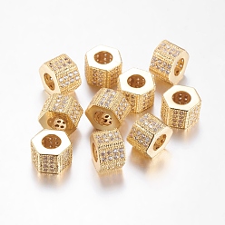 Golden Brass Cubic Zirconia Beads, Hexagon, Golden, 8x10mm, Hole: 6.5mm