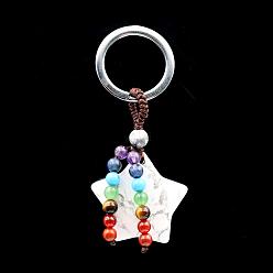 Howlite Porte-clés pendentif étoile en howlite naturelle et pierres précieuses mélangées, porte-clés en alliage chakra yoga pour hommes femmes, 70mm