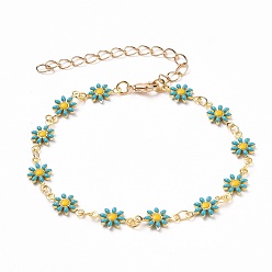 Dark Turquoise Golden Brass Flower Enamel Links Bracelets, with Brass Curb Chains & Lobster Claw Clasps, Dark Turquoise, 7-1/4 inch(18.5cm)