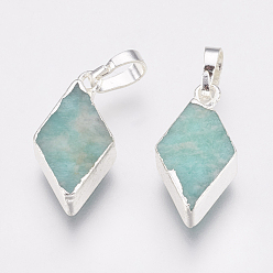 Silver Natural Amazonite Pendants, with Brass Findings, Rhombus, Silver Color Plated, 18x9x4~4.5mm, Hole: 4x6mm