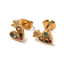 Colorful Heart with Crown 304 Stainless Steel Rhinestone Stud Earrings, 316 Surgical Stainless Steel Pin Ear Studs, with Ear Nuts, Golden, Colorful, 9x7.5mm, Pin: 0.7mm