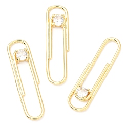 Real 18K Gold Plated Rack Plating Brass Micro Pave Cubic Zirconia Pendants, Long-Lasting Plated, Lead Free & Cadmium Free, Paper Clip, Real 18K Gold Plated, 32x8x3mm, Hole: 5.5x3mm