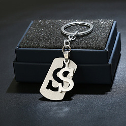 Letter S 201 porte-clés en acier inoxydable, porte-clés étiquette de chien, avec porte-clés en fer plaqué platine, rectangle avec lettre fractionnée, letter.s, 10.5 cm