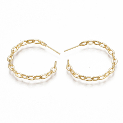 Real 18K Gold Plated Brass Stud Earrings, Half Hoop Earrings, Nickel Free, Real 18K Gold Plated, 34x34x3.5mm, Pin: 0.7mm