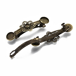 Antique Bronze Vintage Hair Accessories, Iron Hair Barrette Findings, with Brass and Iron Flat Round Cabochon Bezel Settings, Nickel Free, Antique Bronze, Tray: 6mm and 12mm, 67x22.5x14mm