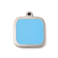 Bleu Ciel Foncé 304 acier inoxydable émail pendentifs, charme carré, couleur inox, bleu profond du ciel, 13x11x1.4mm, Trou: 1mm