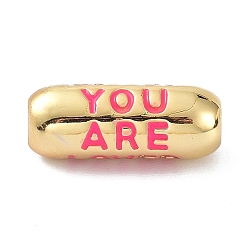 Deep Pink Eco-Friendly Brass Enamel Beads, Long-Lasting Plated, Real 18K Gold Plated, Oval with Word You Are, Deep Pink, 17.5x7mm, Hole: 3mm