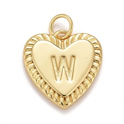 Letter W Rack Plating Real 18K Gold Plated Brass Pendants, with Jump Rings, Long-Lasting Plated, Lead Free & Cadmium Free & Nickel Free, Heart with Letter A~Z, Letter.W, 16x15x2.5mm, Jump Ring: 5x0.5mm, 3mm Inner Diameter