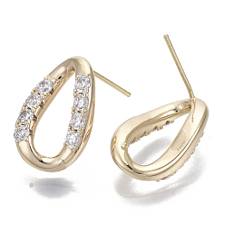 Clear Brass Micro Pave Clear Cubic Zirconia Stud Earring, Nickel Free, Oval, Real 18K Gold Plated, 18x11.5mm, Pin: 0.7mm