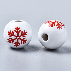 Белый Расписные европейские бусины из натурального дерева, бусины с большим отверстием, напечатанный, Рождество, круглый со снежинкой, белые, 16x15 мм, отверстие : 4 мм
