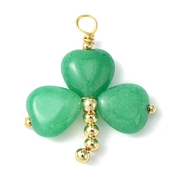 Jade Malais Pendentifs teints en jade naturel de malaisie de la saint patrick, breloques trèfle avec accessoires en laiton plaqué or, 29~29.5x25~26x5~5.5mm, Trou: 3.2~3.8mm