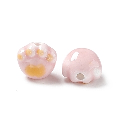 Бледно-Розовый Ручной печатный шарики фарфора, отпечатки кошачьих лап, розовый жемчуг, 12x12x9 мм, отверстие : 2 мм