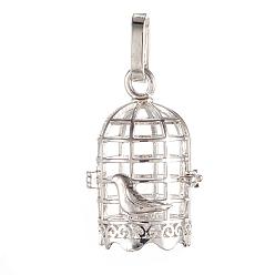 Silver Brass Cage Pendants, For Chime Ball Pendant Necklaces Making, Cadmium Free & Nickel Free & Lead Free, Bird in The Cage, Silver Color Plated, 28.5x19x16mm, Hole: 3.5x9mm, Inner Diameter: 13.5x17mm