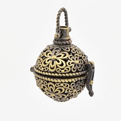 Antique Bronze Vintage Filigree Round Brass Cage Pendants, For Chime Ball Pendant Necklaces Making, Antique Bronze, 35mm, 28x25x21mm, Hole: 6x6mm, 16mm inner diameter