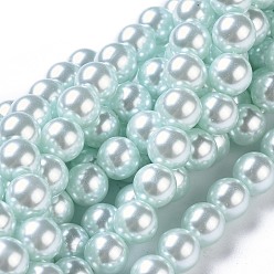 Cyan Clair Brins de perles rondes en verre teinté écologique, Grade a, cordon en coton fileté, cyan clair, 8mm, Trou: 0.7~1.1mm, Environ 52 pcs/chapelet, 15 pouce