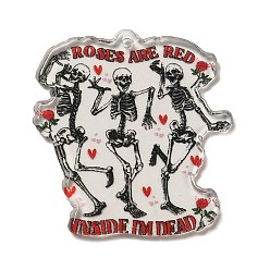 Skeleton Acrylic Pendants, Valentine's Day Heart, ROSES ARE RED INSIDE I'M DEAD, Skeleton, 37x35x2.2mm, Hole: 1.6mm