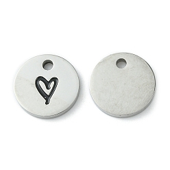 Stainless Steel Color 304 Stainless Steel Manual Polishing Charms, with Enamel, Flat Round with Heart, Stainless Steel Color, 14x2mm, Hole: 2mm