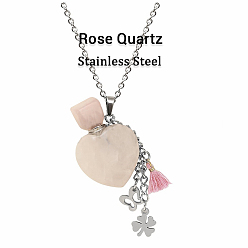 Rose Quartz Natural Rose Quartz Teardrop Perfume Bottle Pendant Necklace with Staninless Steel Butterfly Flower and Random Color Tassel Charms, Essential Oil Vial Jewelry for Women, 18.11 inch(46cm)