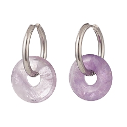 Amethyst Natural Amethyst Pi Disc/Donut Dangle Hoop Earrings, 304 Stainless Steel Jewelry for Women, 29.5mm, Pin: 1mm