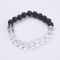 Lava Rock Natural Lava Rock & Quartz Crystal Stretch Bracelets, with Alloy Crown Beads, Antique Silver, Round, 2 inch(50mm)