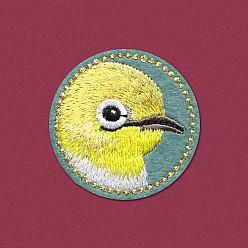 Jaune Plat rond avec oiseau broderie informatisée tissu fer sur/coudre sur des patchs, accessoires de costumes, appliques, jaune, 42mm