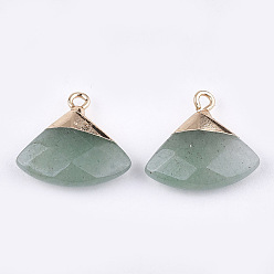 Green Aventurine Electroplate Natural Green Aventurine Pendants, with Brass Findings, Faceted, Triangle, Golden, 17~18x19~20x6~7mm, Hole: 1.8mm