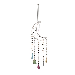 Mixed Stone Mixed Gemstone Chips Beaded Moon Hanging Sun Catchers, with Glass Bullet and Natural Agate, with Iron Findings, 660mm