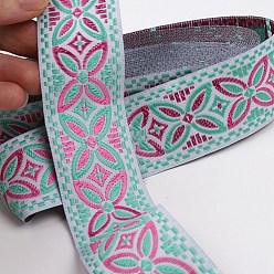 Aquamarine Ethnic Style Embroidery Polyester Ribbons, Jacquard Ribbon, Garment Accessories, Flower Pattern, Aquamarine, 1-1/4 inch(33mm), about 7.44 Yards(6.8m)/Roll