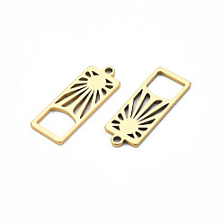 Real 18K Gold Plated Ion Plating(IP) 201 Stainless Steel Pendants, Rectangle with Sun, Nickel Free, Real 18K Gold Plated, 27.5x10.5x1.5mm, Hole: 1.8mm