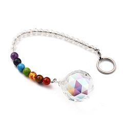 Colorful Chakra Round Ball Crystal Suncatcher Dowsing Pendulum Pendants, with 304 Stainless Steel Split Key Rings, Glass and Gemstone Beads, Velvet Bag, Stainless Steel Color, Colorful, 25.5cm