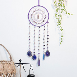 Amethyst Natural Amethyst & Agate Window Hanging Pendant Decorations, with Leather Cord & Glass & Iron Ring, Woven Web/Net, 550mm