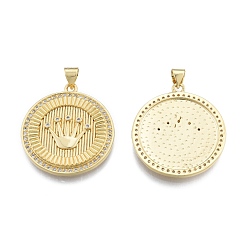 Real 18K Gold Plated Brass Micro Pave Clear Cubic Zirconia Pendants, Flat Round with Crown, Real 18K Gold Plated, 28.5x25.5x2.5mm, Hole: 3.5x4mm