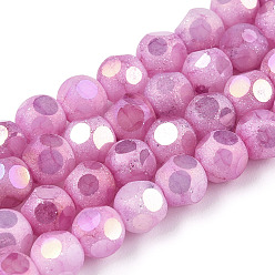 Hot Pink Opaque Frosted Glass Beads Strands, AB Color Plated, Faceted, Round, Hot Pink, 6.5x6mm, Hole: 1.5mm, about 70pcs/strand, 16.38 inch(41.6cm)