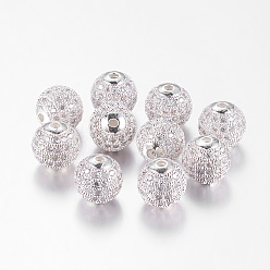 Argent Perles de cubes zircone en laiton , ronde, couleur argent plaqué, 10mm, Trou: 2mm