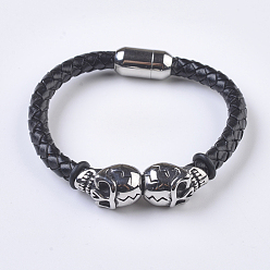 Black Men's Braided Leather Cord Bracelets, with 304 Stainless Steel Findings and Magnetic Clasps, Skull, Black, 7-5/8 inch(195mm)