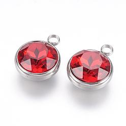Red K9 Glass Rhinestone Pendants, July Birthstone Charms, with 304 Stainless Steel Findings, Flat Round, Red, 18x14x9mm, Hole: 2.5mm