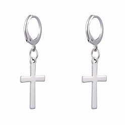Stainless Steel Color 304 Stainless Steel Leverback Earrings, with 201 Stainless Steel Cross Pendants, Stainless Steel Color, 36mm, Pin: 0.6x0.8mm