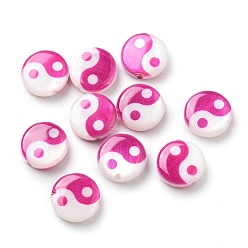 Deep Pink Printed Natural Freshwater Shell Beads, Yin Yang Flat Round Beads, Deep Pink, 8x2.5~3mm, Hole: 0.8mm