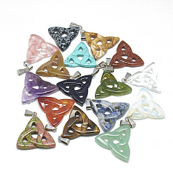 Mixed Stone Natural & Synthetic Mixed Stone Pendants, with Stainless Steel Snap On Bails, Trinity Knot/Triquetra, Irish, 23~40x33~38x5~7mm, Hole: 6x4mm