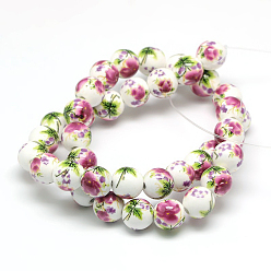 Old Rose Handmade Flower Printed Porcelain Ceramic Beads Strands, Round, Old Rose, 10mm, Hole: 2mm, about 35pcs/strand, 13.5 inch