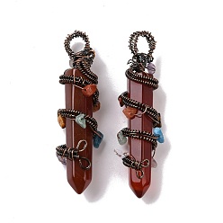 Natural Agate Natural Agate Pointed Big Pendants, with Red Copper Plated Rack Plating Brass Findings and Mixed Stone Chip Beads, Cadmium Free & Lead Free, Faceted, Bullet Charm, Dyed & Heated, 64~68x16~17x16~17mm, Hole: 7.5mm