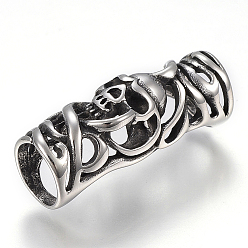 Antique Silver 304 Stainless Steel Beads, Column with Skull, Antique Silver, 34x13x12mm, Hole: 9.5mm