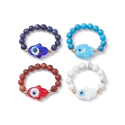 Mixed Stone Natural & Synthetic Mixed Gemstone & Evil Eye Lampwork Beaded Stretch Rings, Inner Diameter: 18mm