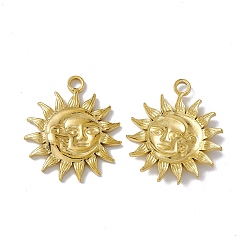 Golden Vacuum Plating 304 Stainless Steel Pendants, Sun with Human Face and Moon, Golden, 30x26x3mm, Hole: 3mm